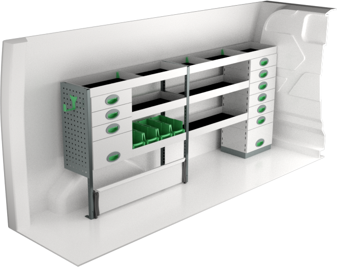 Fahrzeugeinrichtung Ford Transit Custom 2012-2023 Premium Line | L2H1/H2 | 2238x300x1000 mm | 3 Regalböden + 11 Schubladen