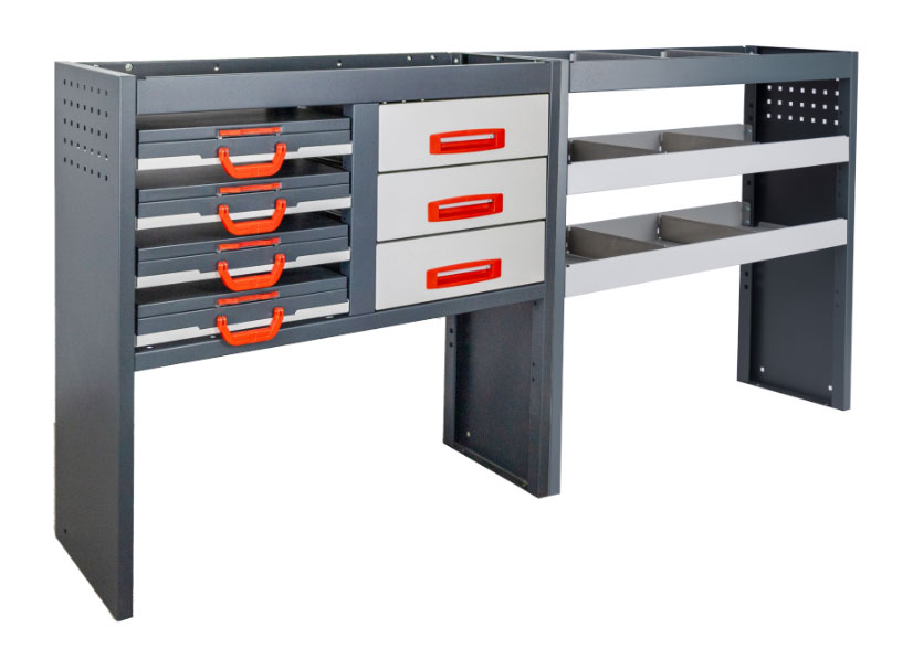 Stalowy regał samochodowy Mercedes Vito 2014+ L1/L2/L3 | Lewa strona | Podstawa i szuflada i obudowa rozsuwana w lewo | B-LINE