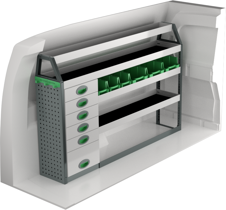 Fahrzeugeinrichtung Volkswagen Caddy 2020+ Premium Line | L2 | 1631x300x1075 mm | 4 Regalböden + 4 Schubladen