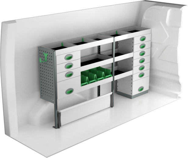 Fahrzeugeinrichtung Ford Transit Custom 2012-2023 Premium Line | L1H1/H2 | 1846x300x1000 mm | 3 Regalböden + 11 Schubladen