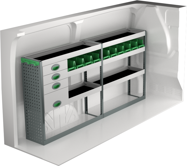 Fahrzeugeinrichtung Ford Transit Custom 2023+ Premium Line | L1 | 1998x300x1000 mm | 3 Regalböden + 4 Schubladen