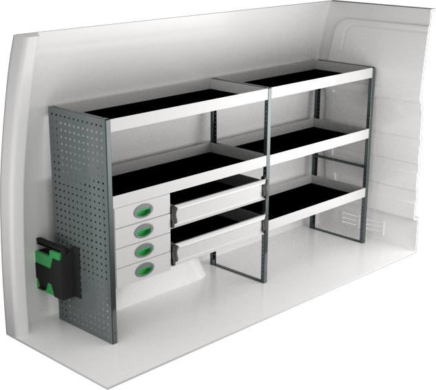 Fahrzeugeinrichtung Mercedes Sprinter 2018+ Premium Line | L1H1/L1H2 | 2270x470x1220 mm | 4 Regalböden + 3 Schubladen