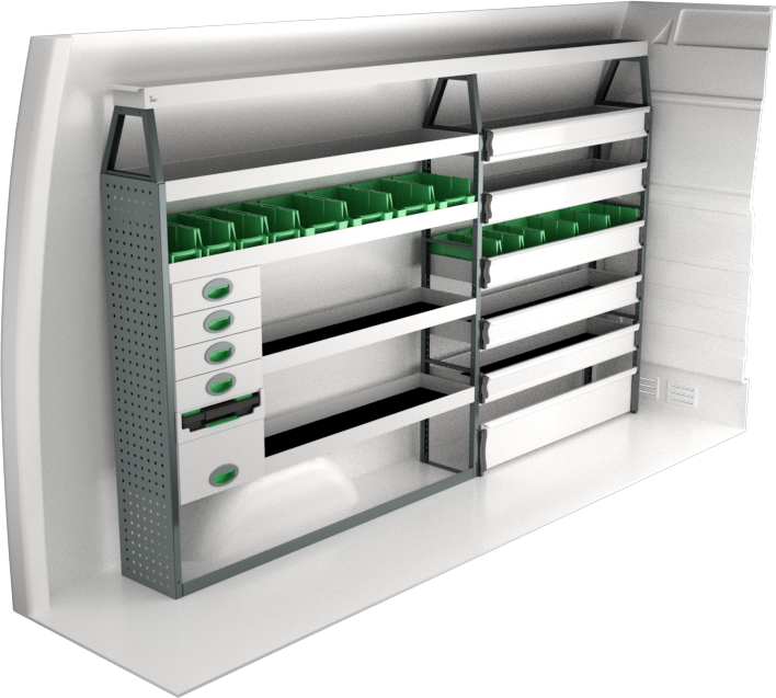 Fahrzeugeinrichtung Mercedes Sprinter 2018+ Premium Line | L2H1/L2H2 | 2841x300x1735 mm | 4 Regalböden + 5 Schubladen