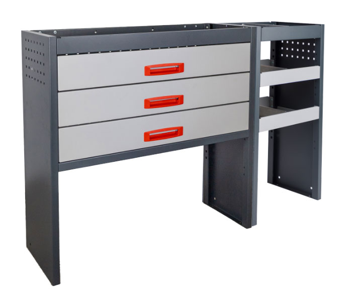 Stalowy regał samochodowy Opel Vivaro Electric 2020+ L2/L3 | Lewa strona | Podstawa i szuflada po lewej stronie | B-LINE