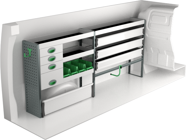 Fahrzeugeinrichtung Mercedes Vito 2014+ Premium Line | L3 | 2267x300x1000 mm | 3 Regalböden + 7 Schubladen