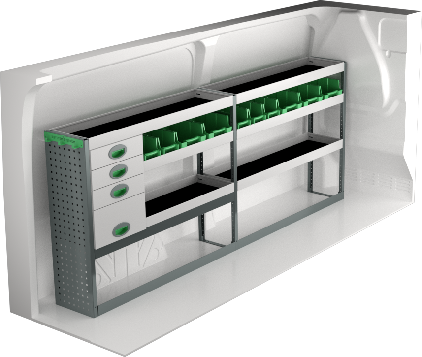 Fahrzeugeinrichtung Ford Transit Custom 2023+ Premium Line | L2 | 2446x300x1000 mm | 3 Regalböden + 4 Schubladen