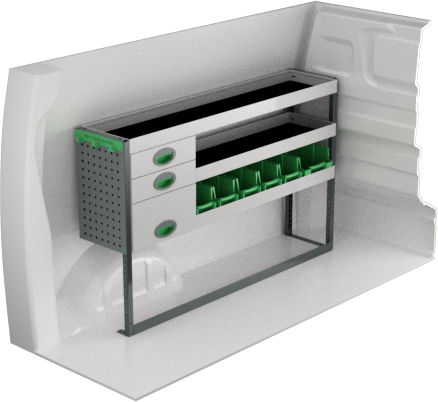 Fahrzeugeinrichtung Opel Vivaro 2019+ Premium Line | Fahrzeuglänge 4606 mm | 1452x300x890 mm | 3 Regalböden + 3 Schubladen